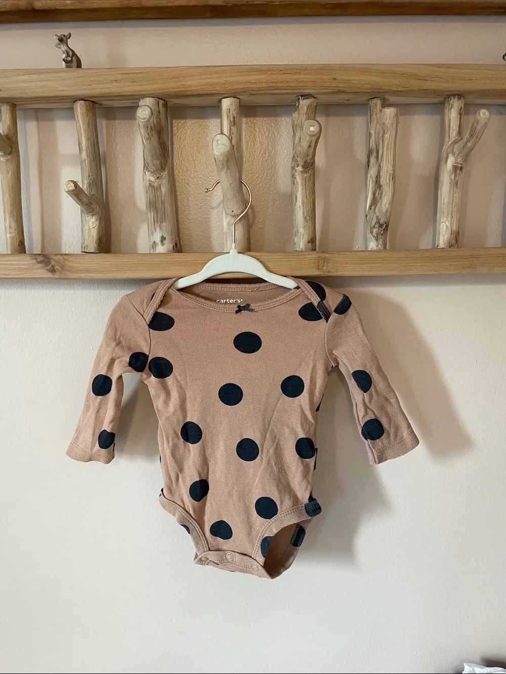 Carter's Tan Long-Sleeve One-Piece with Black Polka Dots